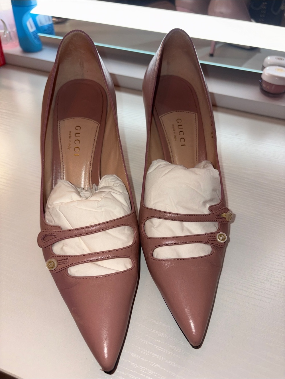 Gucci Rose Pink Leather-Strap Pointed Pumps
